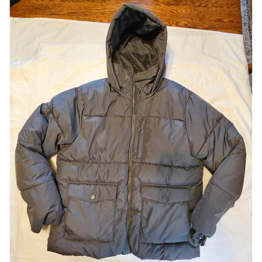 Womens Puffer Jacket Hooded Gray‎ Zip Front Casual Winter Warm Outerwear Sz L